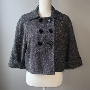 Vintage Sandro Tweed Jacket Cropped Double Breasted Grey A-Line Large Office